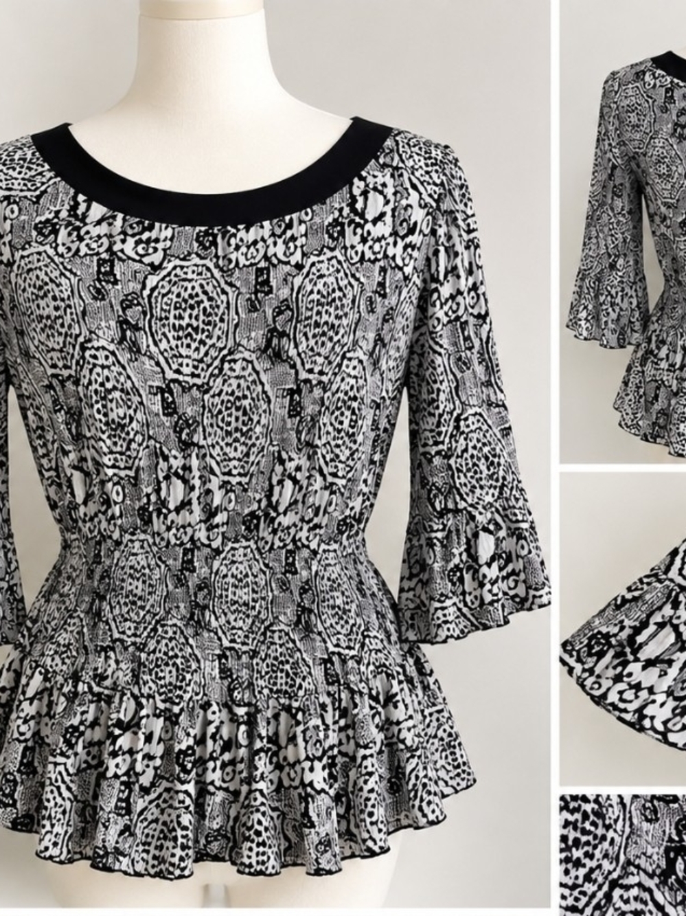 Black & White Patterned Ruffle Hem Women's Dress